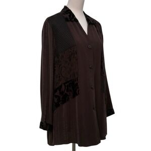 VTG 90s Neil David Patchwork Shirt M Brown Velvet Burnout Silk Blend Artsy Tunic